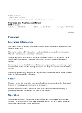 Caterpillar CAT 318E L EXCAVATOR (DZF00001-UP) Operation and Maintenance Manual Instant Download