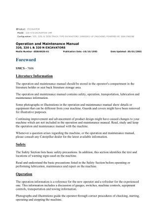 Caterpillar CAT 320-A N EXCAVATOR (1XM00001-UP) Operation and Maintenance Manual Instant Download