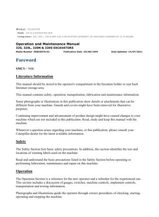 Caterpillar CAT 320-A S EXCAVATOR (6KM00001-UP) Operation and Maintenance Manual Instant Download