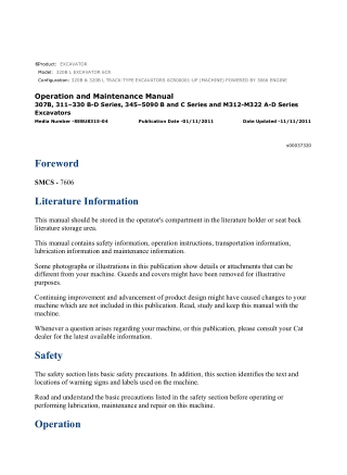 Caterpillar CAT 320B L EXCAVATOR (6CR00001-UP) Operation and Maintenance Manual Instant Download