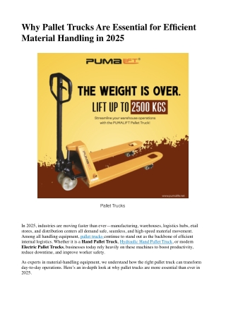 Why Pallet Trucks Are Essential for Efficient Material Handling in 2026