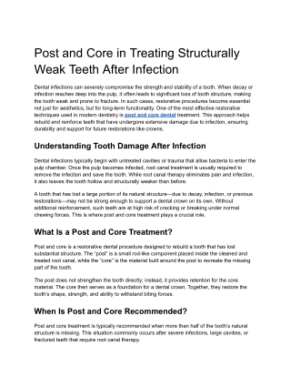 Post and Core in Treating Structurally Weak Teeth After Infection