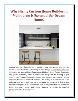 Why Hiring Custom Home Builder in Melbourne Is Essential for Dream Home