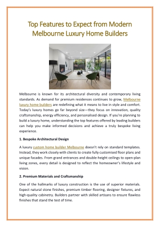 Top Features to Expect from Modern Melbourne Luxury Home Builders