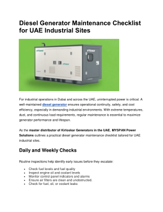 Diesel Generator Maintenance Checklist for UAE Industrial Sites