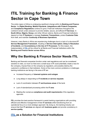 ITIL Training for Banking & Finance Sector in Cape Town
