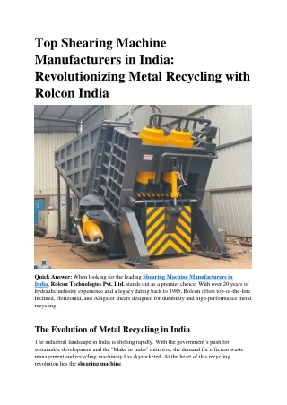 Top Shearing Machine Manufacturers in India- Revolutionizing Metal Recycling with Rolcon India