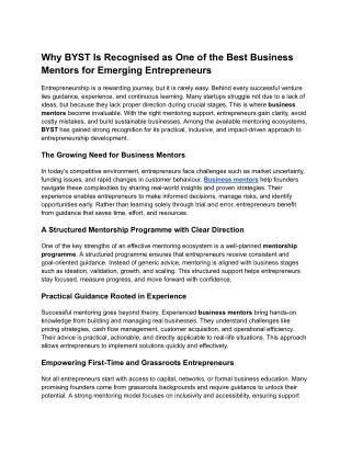 Why BYST Is Recognised as One of the Best Business Mentors for Emerging Entrepreneurs
