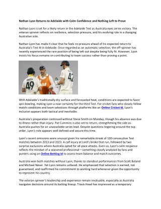 Nathan Lyon Returns to Adelaide with Calm Confidence and Nothing Left to Prove