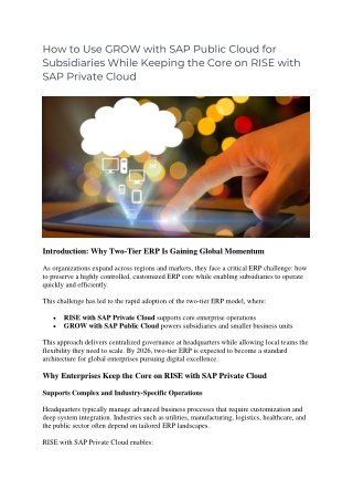 How to Use GROW with SAP Public Cloud for Subsidiaries While Keeping the Core on RISE with SAP Private Cloud