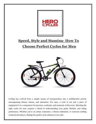 Speed, Style and Stamina- How To Choose Perfect Cycles for Men
