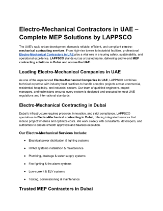 Electro-Mechanical Contractors in UAE – Complete MEP Solutions by LAPPSCO