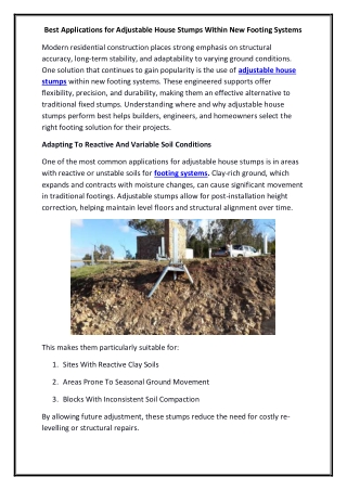 Best Applications for Adjustable House Stumps Within New Footing Systems