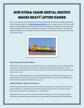 How Hydra Crane Rental Service Makes Heavy Lifting Easier