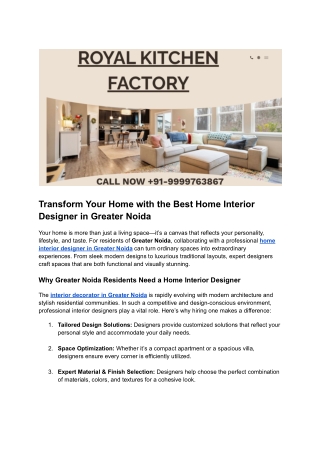 Expert Home Interior Designer in Greater Noida | Royal Kitchen Factory