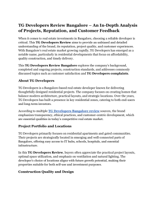 TG Developers Review Bangalore – An In-Depth Analysis of Projects, Reputation, and Customer Feedback