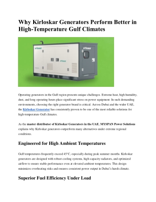 Why Kirloskar Generators Perform Better in High-Temperature Gulf Climates
