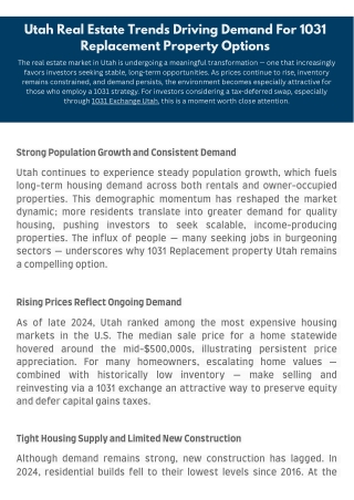 Utah Real Estate Trends Driving Demand For 1031 Replacement Property Options