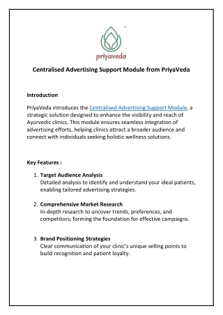 Centralised Advertising Support Module from PriyaVeda