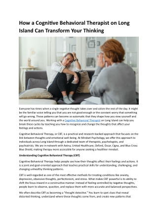 How a Cognitive Behavioral Therapist on Long Island Can Transform Your Thinking