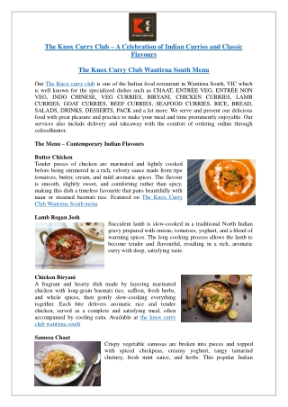 The Knox Curry Club Wantirna South Menu