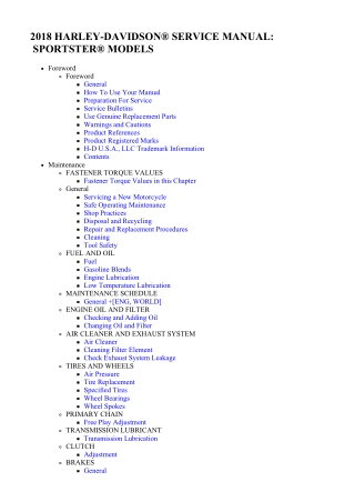 2018 Harley Davidson Sportster Service Repair Manual Instant Download