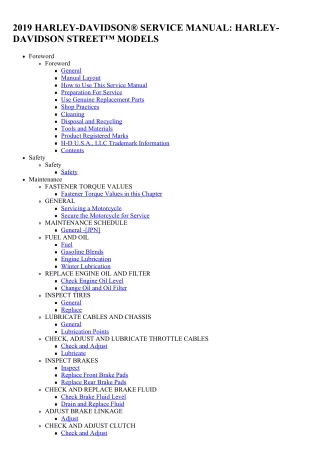 2019 Harley Davidson Street Service Repair Manual Instant Download