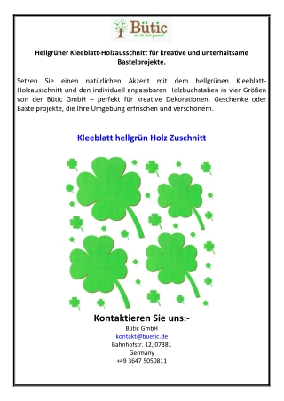 Hellgrüner Kleeblatt-Holzausschnitt für kreative und unterhaltsame Bastelprojekt