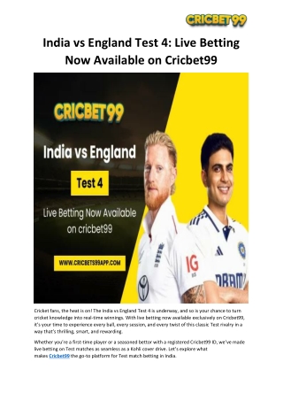 India vs England Test 4 Live Betting Now Available on Cricbet99