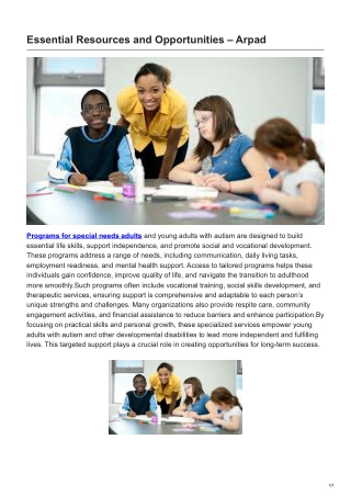 Programs for Special Needs Adults and Programs for Young Adults with Autism Essential Resources and Opportun
