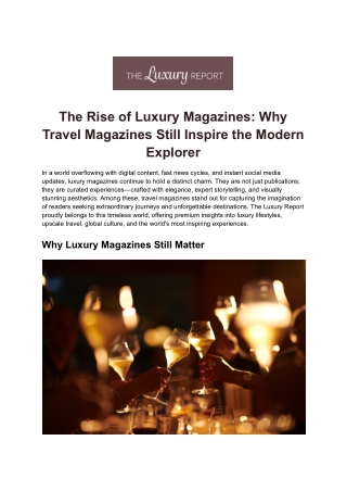 The Luxury Report – A Leading Travel Magazine for Exclusive Destinations