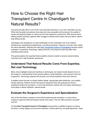 How to Choose the Right Hair Transplant Centre In Chandigarh for Natural Results