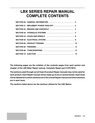 CASE LBX Series Balers Service Repair Manual Instant Download (Part Number 87019910)