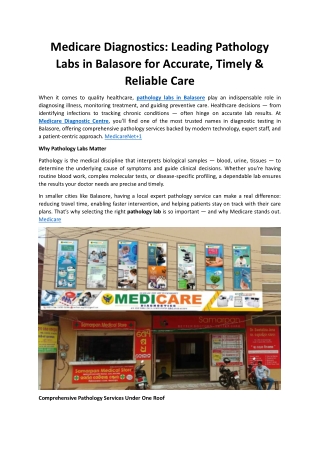 Medicare Diagnostics: Leading Pathology Labs in Balasore for Accurate, Timely &