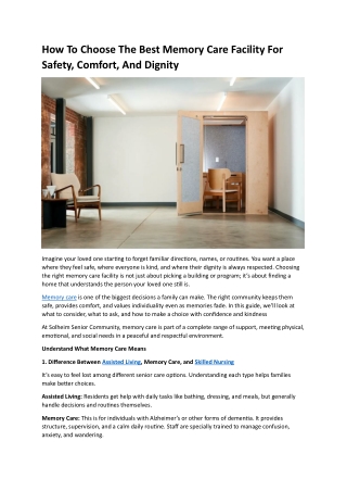 How To Choose The Best Memory Care Facility For Safety, Comfort, And Dignity