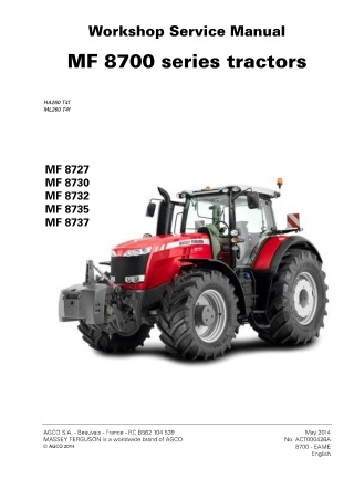 Massey Ferguson MF8700 Series (MF8727 MF8730 MF8732 MF8735 MF8737) Tractors Service Repair Manual Instant Download (Part