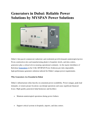 Generators in Dubai: Reliable Power Solutions by MYSPAN Power Solutions