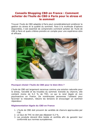 Conseils Shopping CBD en France  Comment acheter de l’huile de CBD à Paris pour le stress et le sommeil