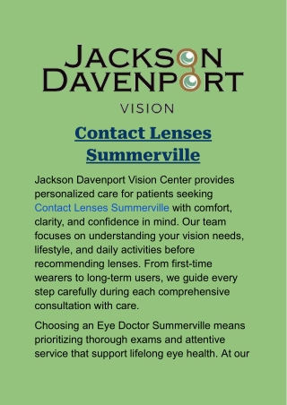 Contact Lenses Summerville: Clear Vision and Comfortable Eye Care