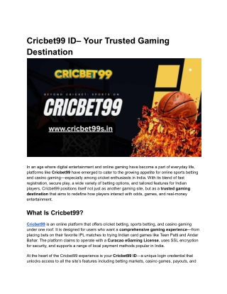 Cricbet99 ID Online – Your Trusted Gaming Destination