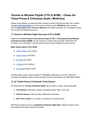 Best Toronto to Mumbai Flight Deals | Book YYZ to BOM – MintFares