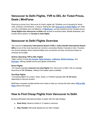 Canada to India Flights from Vancouver to Delhi | MintFares