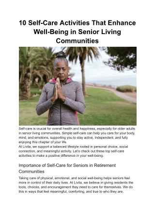 10 Self-Care Activities That Enhance Well-Being in Senior Living Communities
