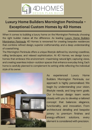 Luxury Home Builders Mornington Peninsula – Exceptional Custom Homes by 4D Homes