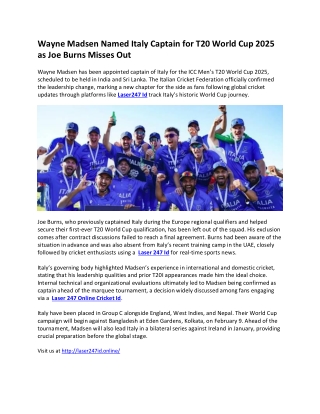 Wayne Madsen Named Italy Captain for T20 World Cup 2025 as Joe Burns Misses Out