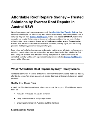 Affordable Roof Repairs Sydney – Trusted Solutions by Everest Roof Repairs in Austral NSW