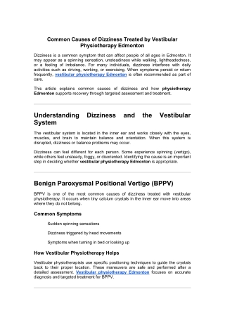 Common Causes of Dizziness Treated by Vestibular P