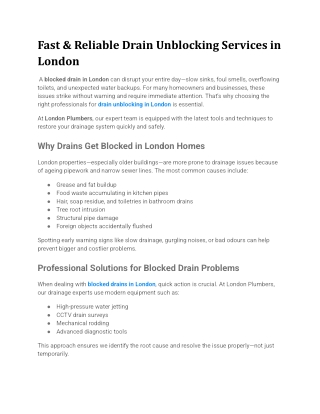 Fast & Reliable Drain Unblocking Services in London