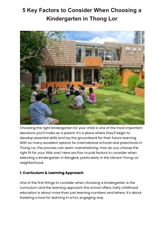 5 Key Factors to Consider When Choosing a Kindergarten in Thong Lor