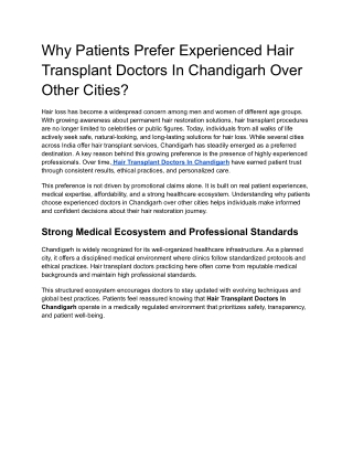 Why Patients Prefer Experienced Hair Transplant Doctors In Chandigarh Over Other Cities